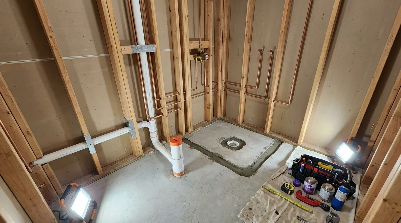 Bathroom rough-in plumbing during remodel by Johns Plumbing LLC in Abbeville