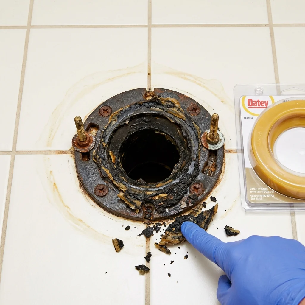 Failed wax ring showing water seepage at the base of a toilet in a Abbeville, GA home