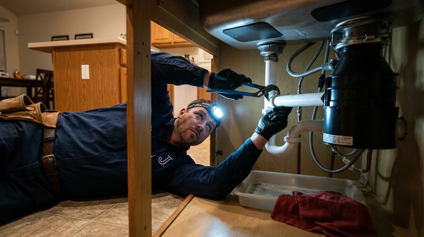P-trap and supply line connections under a kitchen sink showing a common leak point in Abbeville, GA